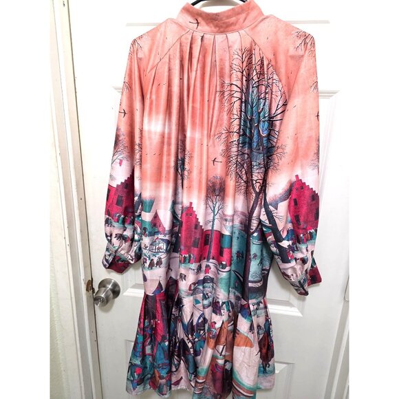 Button-Up Grama Core Plus Size Long-Sleeve Dress Country Winter Scene Print Ple - Picture 2 of 12